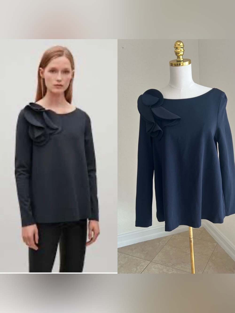 COS Navy Long-Sleeve Blouse with Draped Shoulder Detail